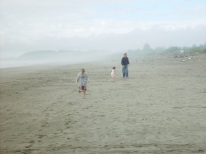 McCoy family beachcombing at Enderts on a foggy summer day.