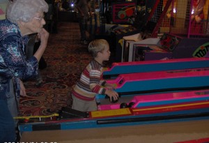 Toby challenges his great-grandmother in the Nugget arcade