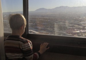 Toby looks out over downtown Reno and the Sierra Nevada Mountain Range